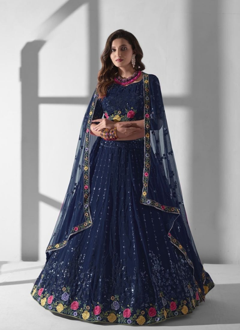 Beautiful multi-embroidered georgette lehenga in royal blue