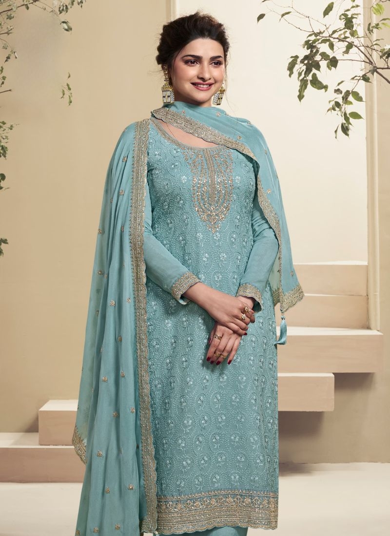 Stunning embroidered kurta pant suit with designer dupatta in blue