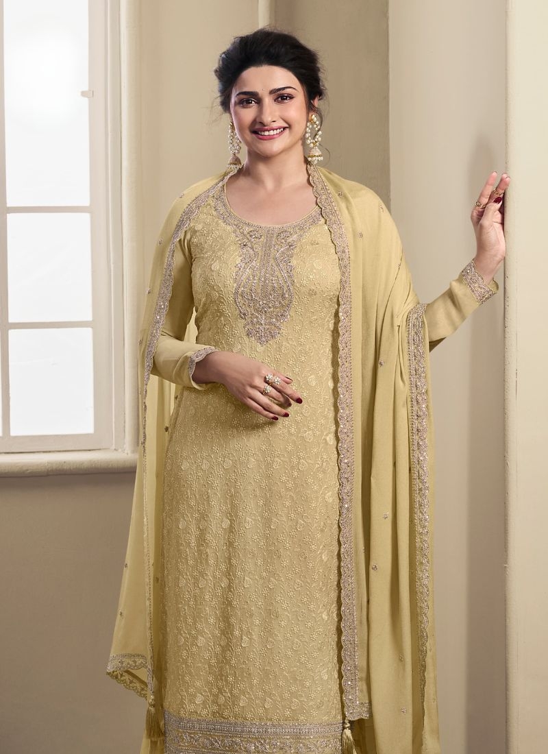 Stunning embroidered kurta pant suit with designer dupatta in light yellow