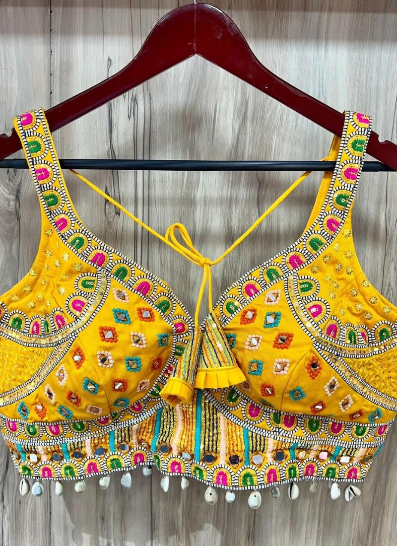 Heavy embroidered ready-made blouse piece in yellow