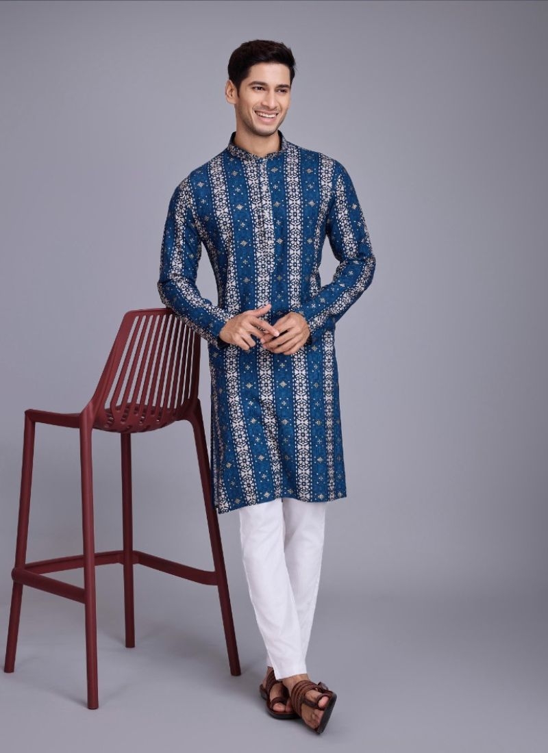 New cotton Kurta pajama with foil printing in blue