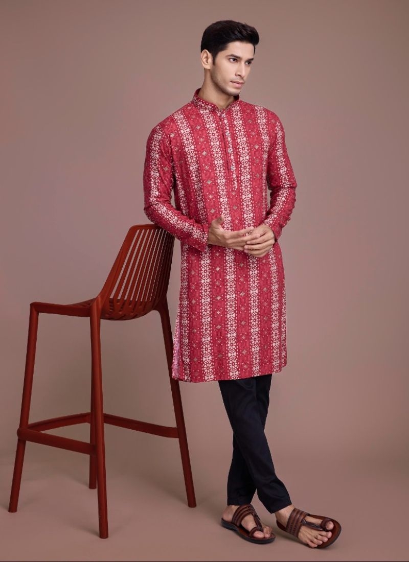 New cotton Kurta pajama with foil printing in red