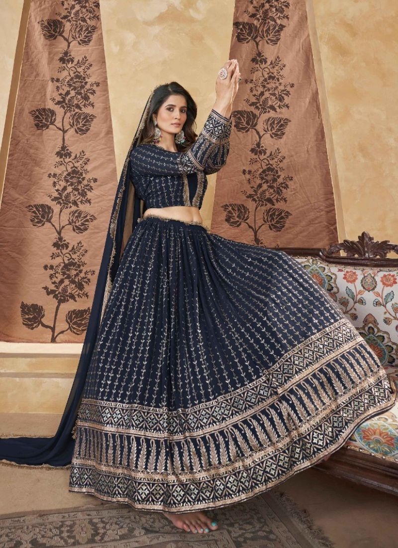 Designer georgette embroidered lehenga choli in navy blue