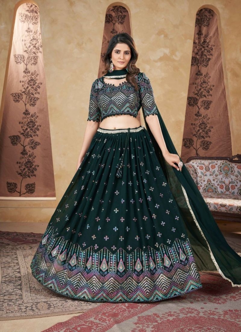 Designer georgette embroidered lehenga choli in dark green