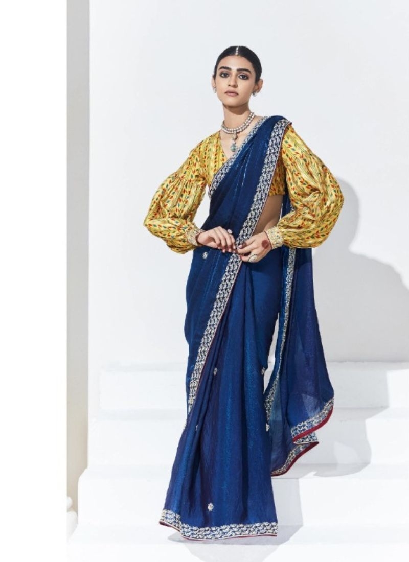 Premium embroidered organza saree in royal blue