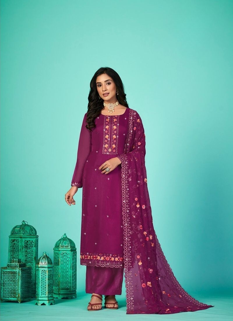 Stunning heavy embroidered georgette palazzo suit in wine