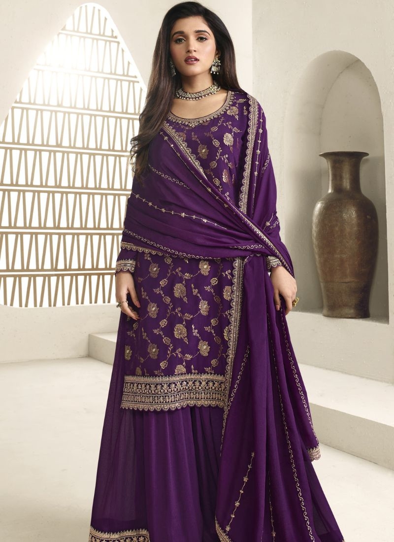 Beautiful embroidered Chinon sharara suit  in dark purple