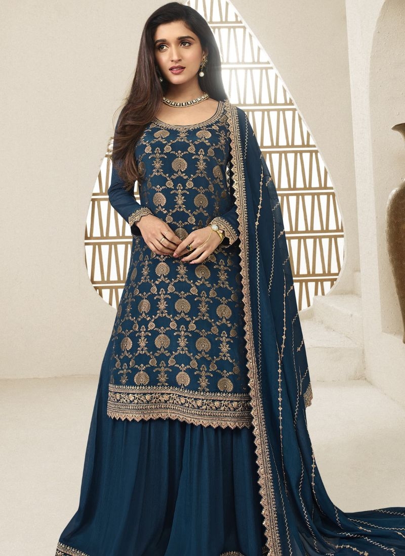 Beautiful embroidered Chinon sharara suit  in dark blue