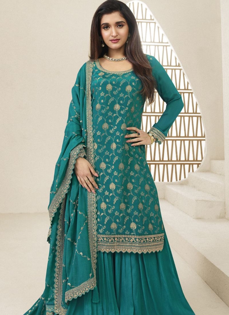 Beautiful embroidered Chinon sharara suit  in green