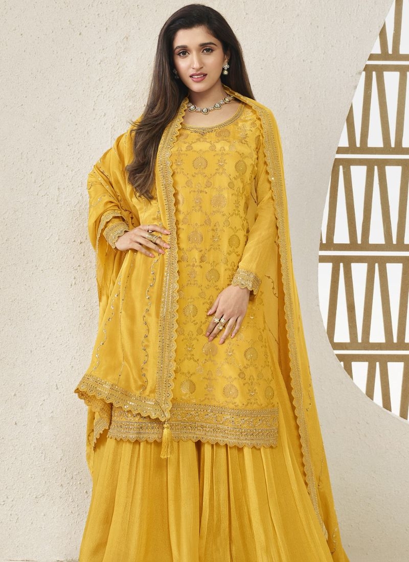 Beautiful embroidered Chinon sharara suit  in yellow