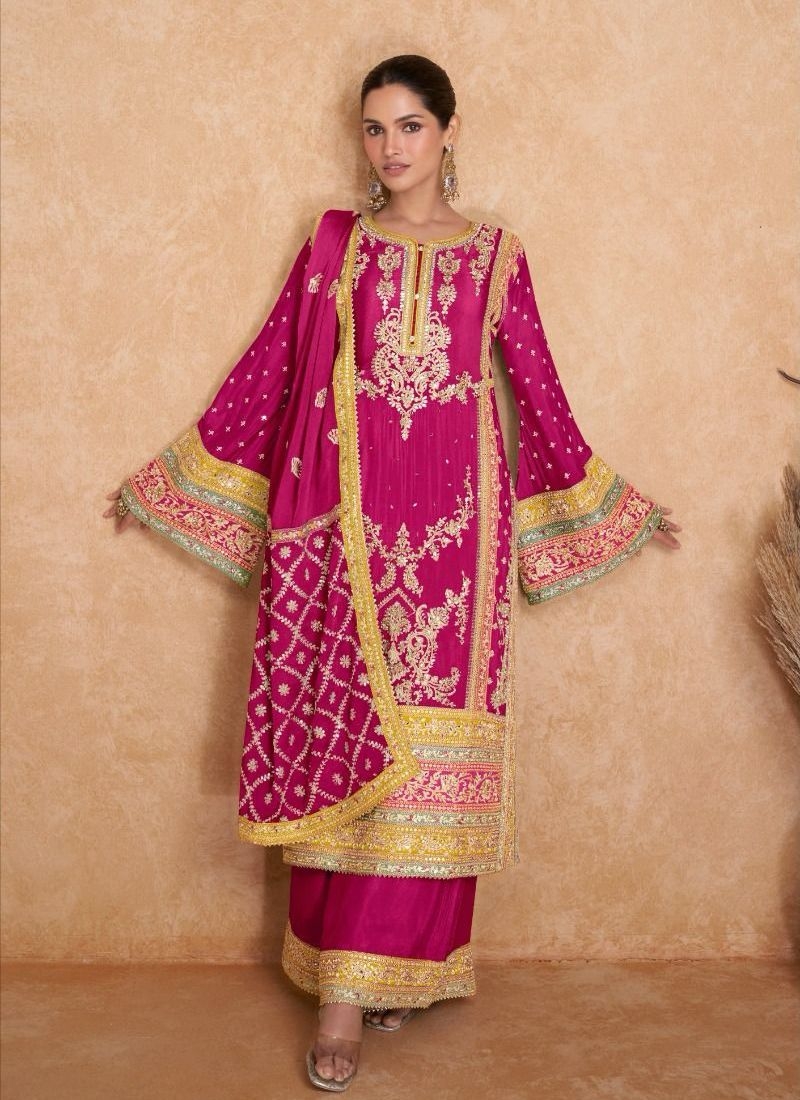 Premium embroidered chinon palazzo suit in pink