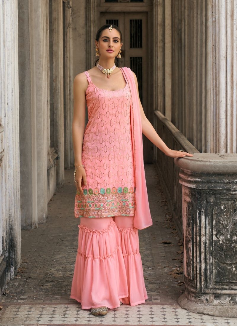 Exquisite heavy flare embroidered sharara suit in pink