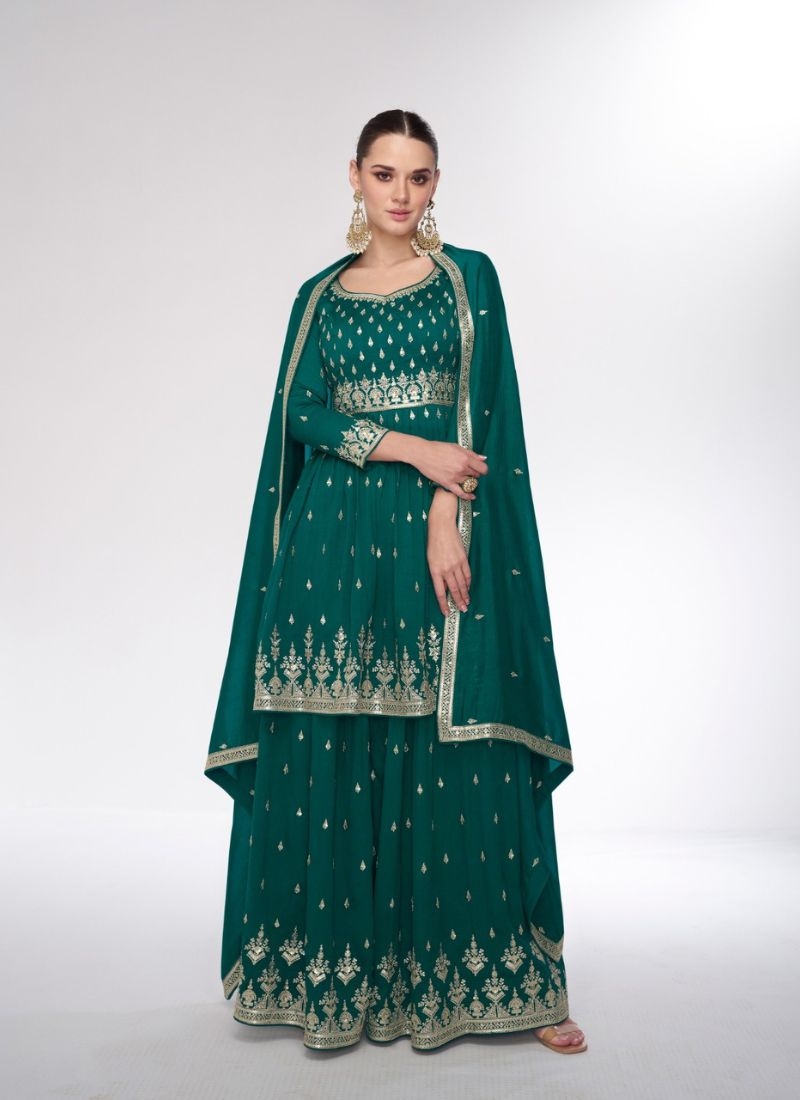 Trendy thread embroidered sharara suit in dark green