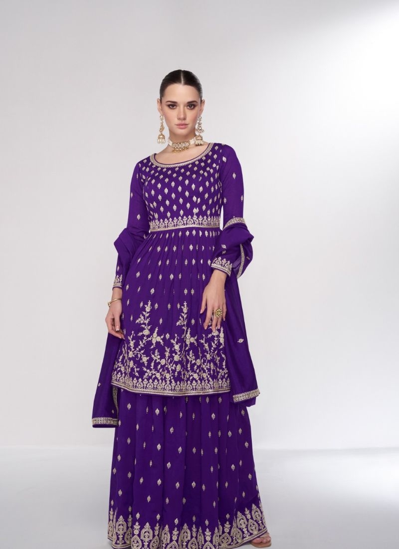 Trendy thread embroidered sharara suit in dark purple