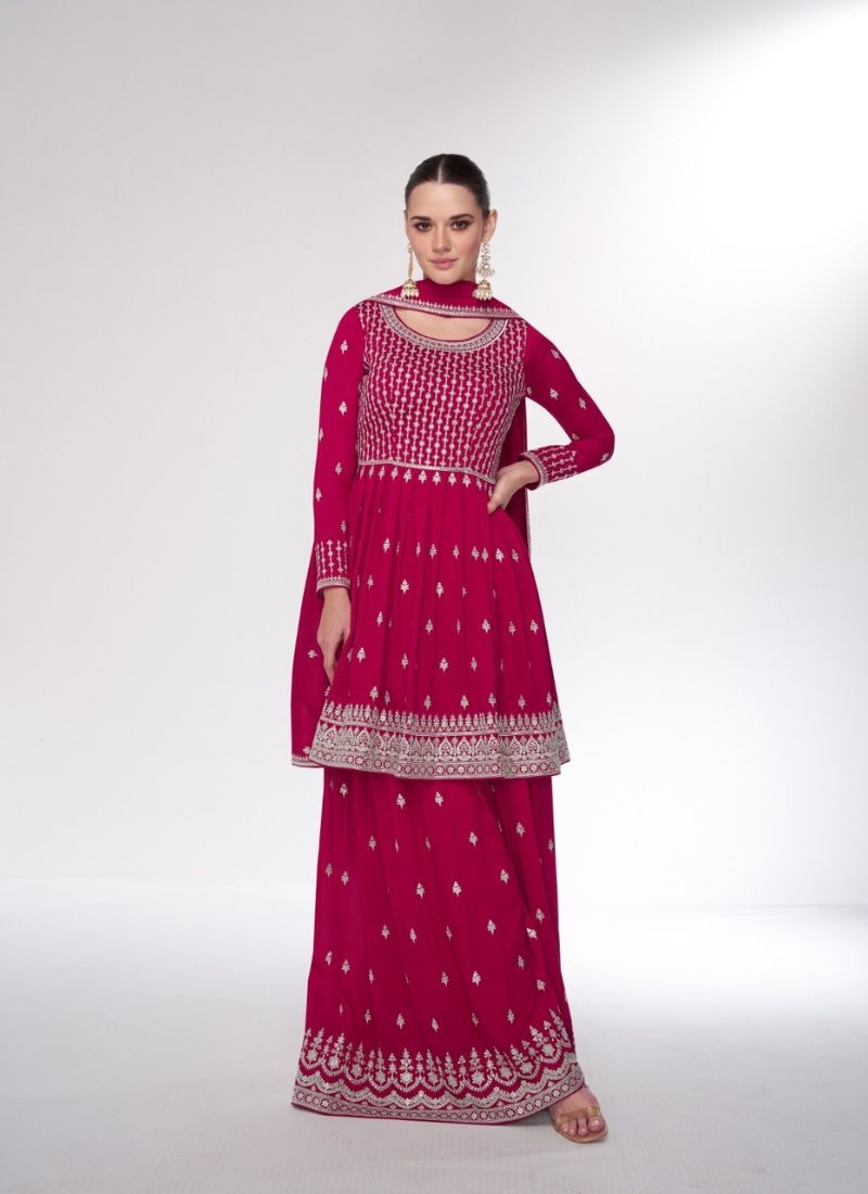 Trendy thread embroidered sharara suit in dark pink