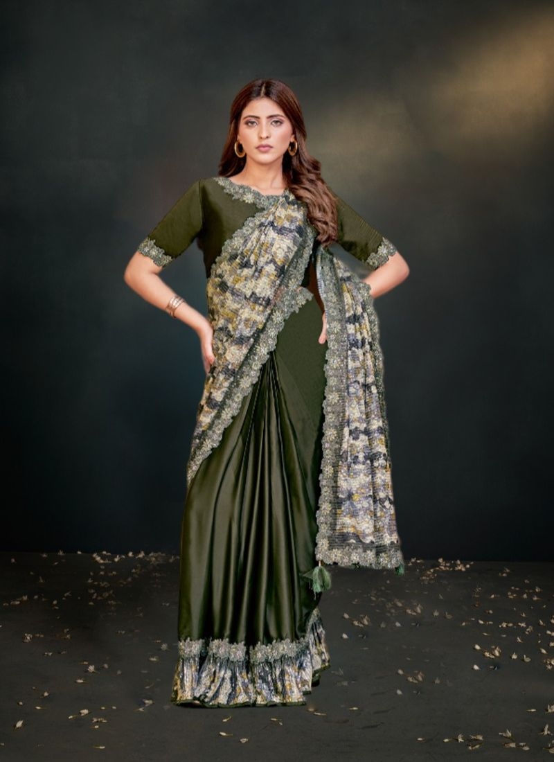 Designer embroidered silk saree in dark  green