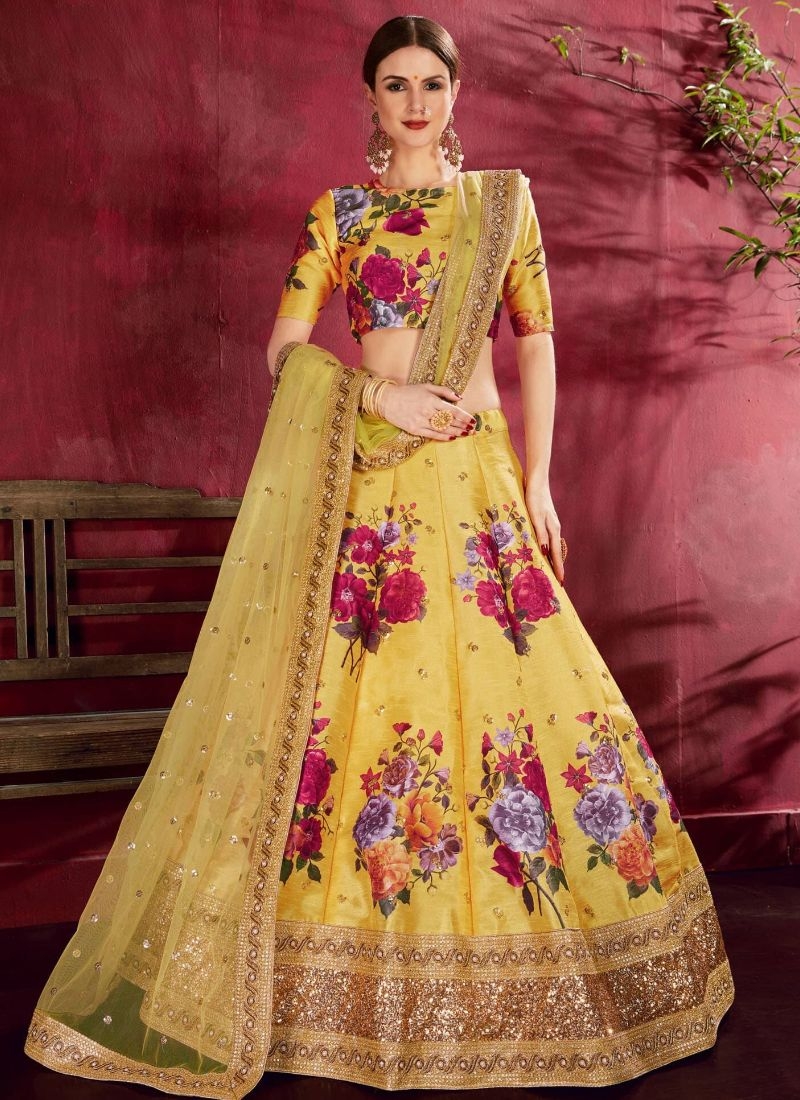 Gorgeous floral printed banglory silk lehenga choli in yellow