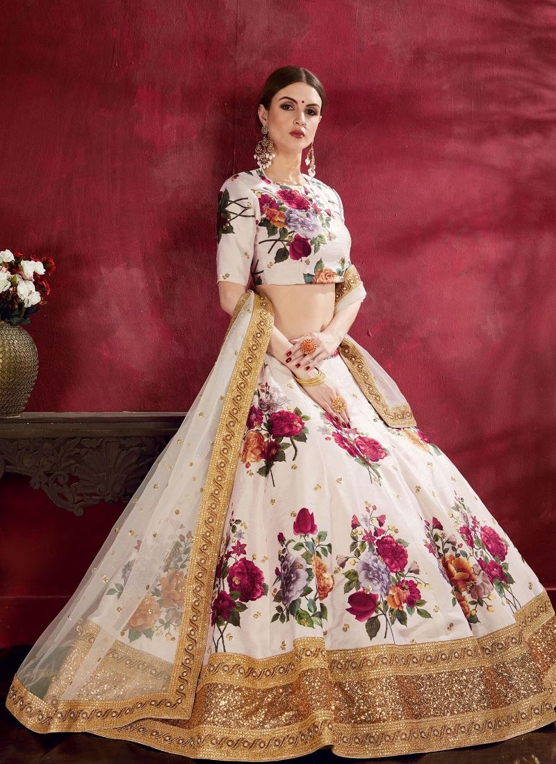 Gorgeous floral printed banglory silk lehenga choli in white