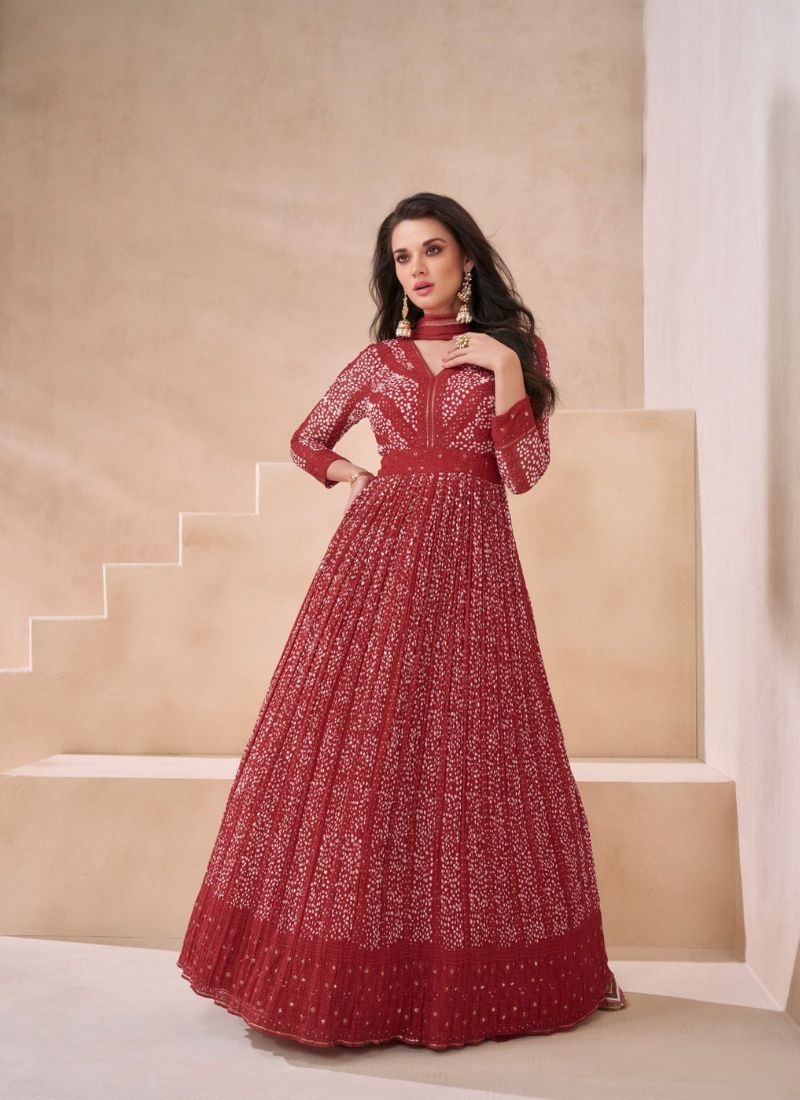 Trendy embroidered anarkali suit with net dupatta in red