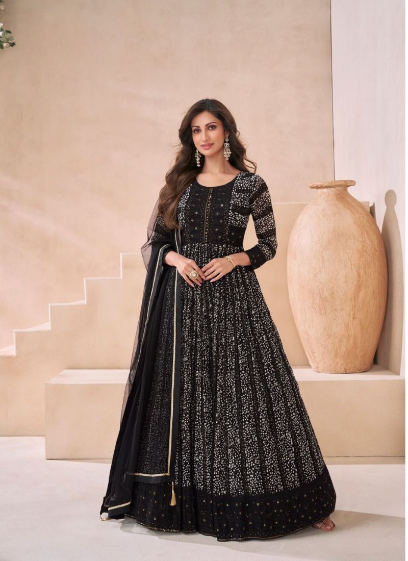 Trendy embroidered anarkali suit with net dupatta in black