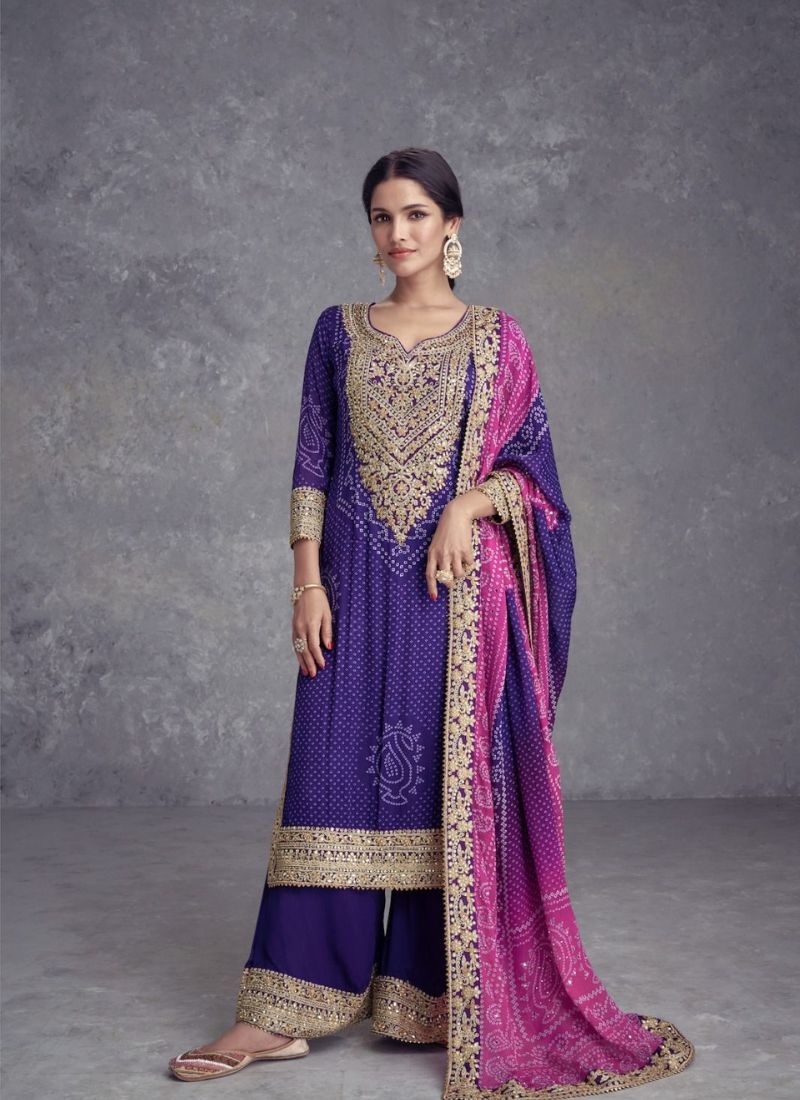 Stunning embroidered palazzo suit with printed dupatta in purple