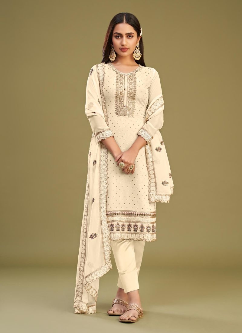 Designer georgette embroidered pant suit in cream