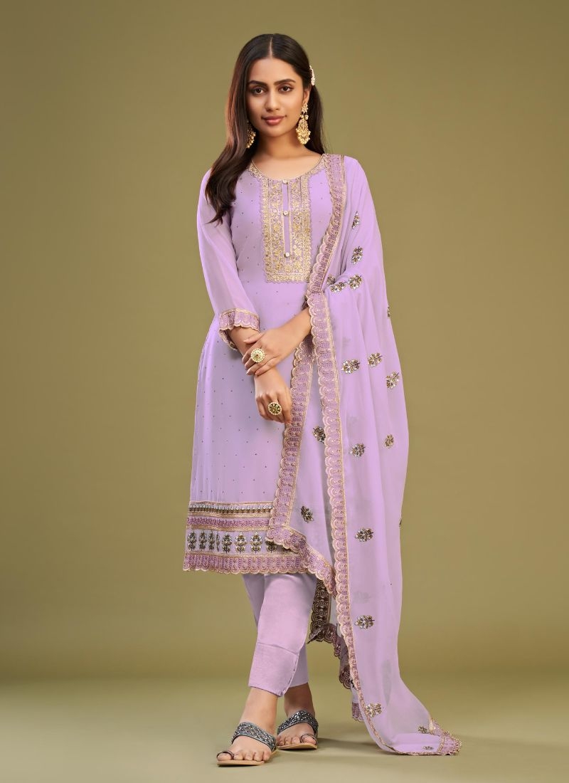 Designer georgette embroidered pant suit in purple