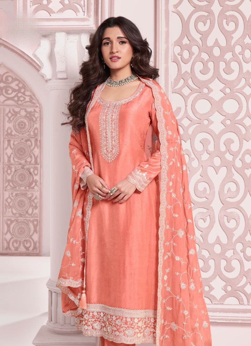 Embroidered Chinon kurta pant suit & dupatta in orange