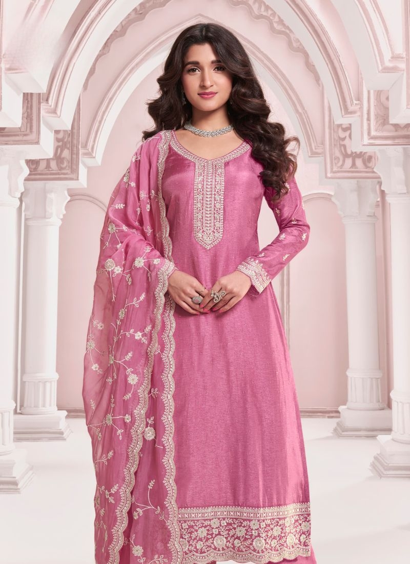 Embroidered Chinon kurta pant suit & dupatta in pink