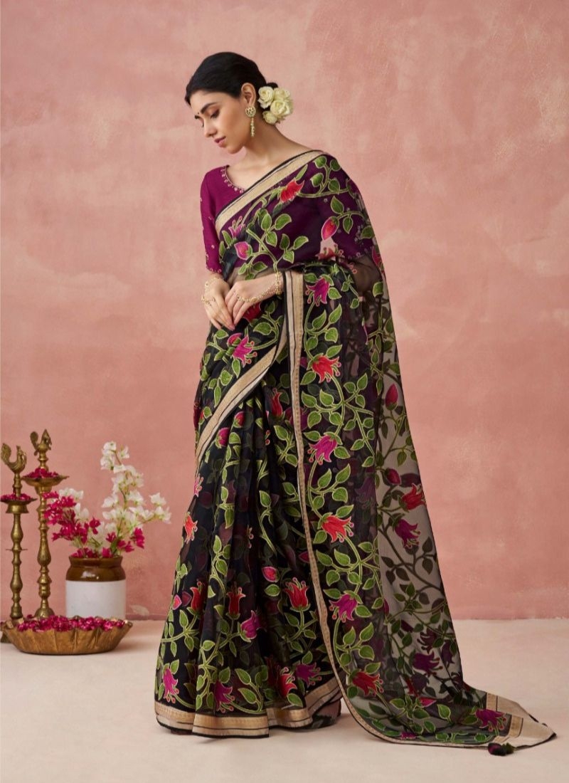 Beautiful digital printing organza saree  in black