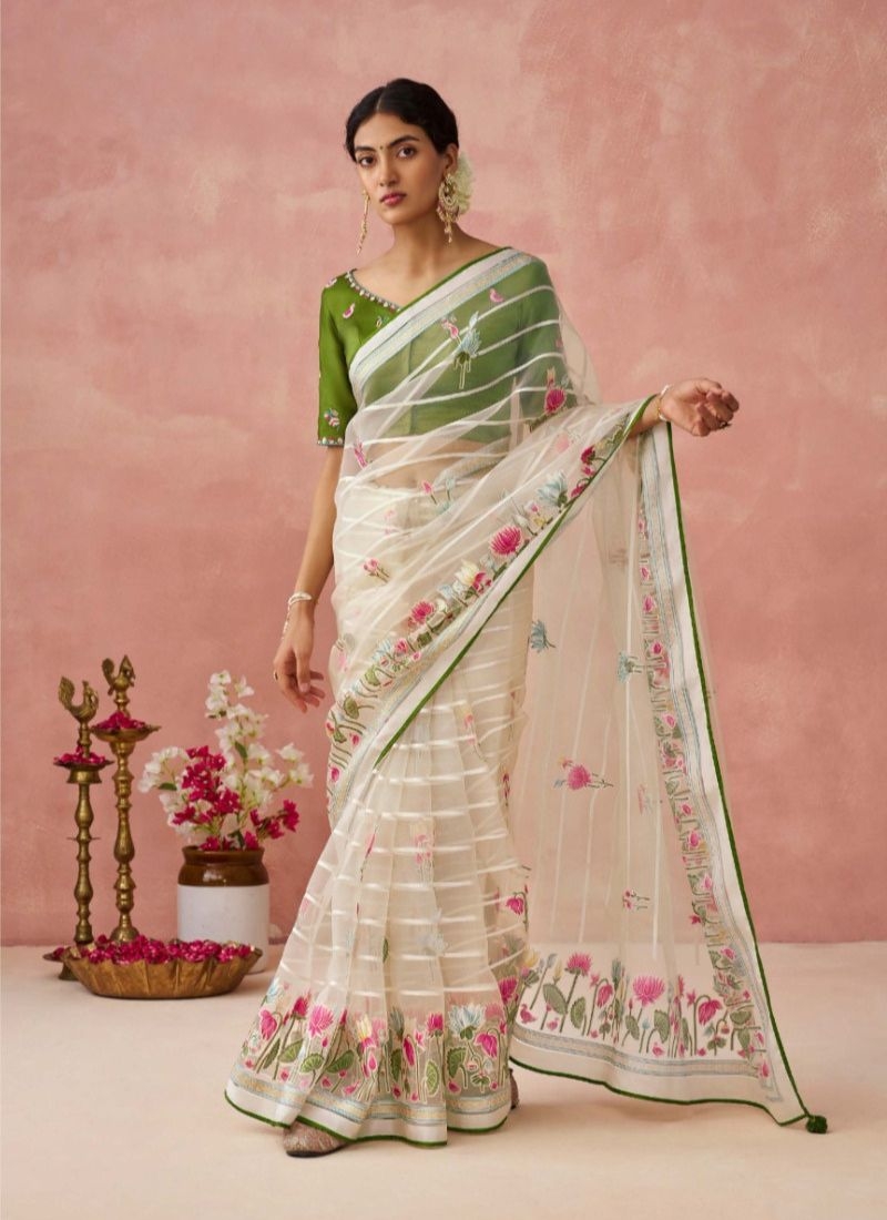 Beautiful digital printing organza saree  in off white