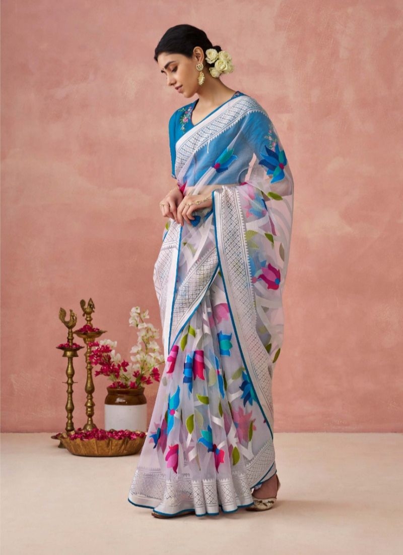 Beautiful digital printing organza saree  in sky blue