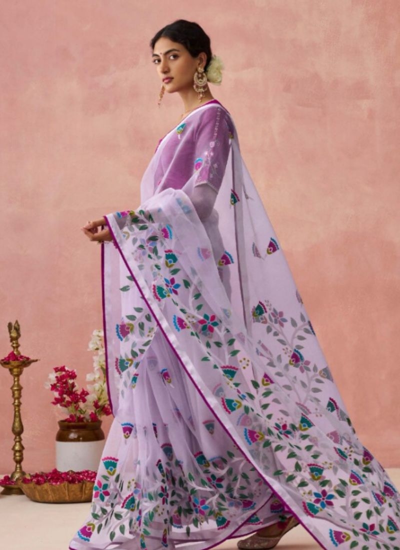 Beautiful digital printing organza saree  in purple