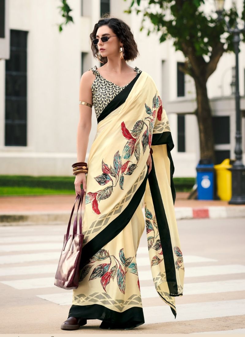 Designer abstract printing saree with modern touch in cream