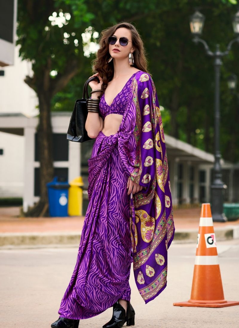 Designer abstract printing saree with modern touch in dark purple