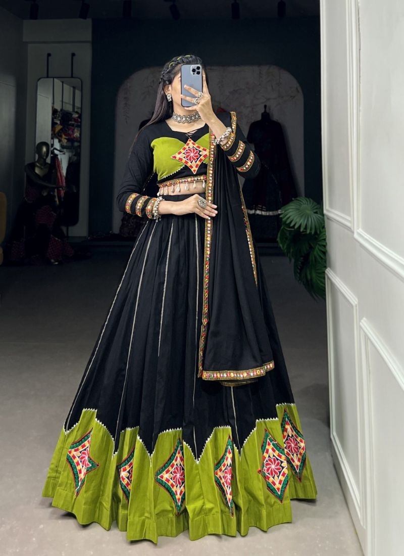 Embroidered navratri special cotton lehenga choli in black