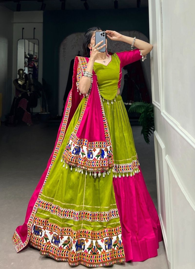 Embroidered navratri special cotton lehenga choli in green