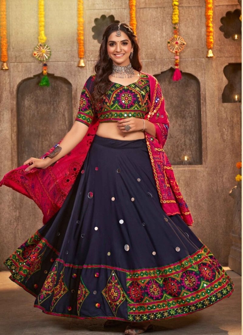 Embroidered viscose rayon lehenga choli & dupatta in dark blue