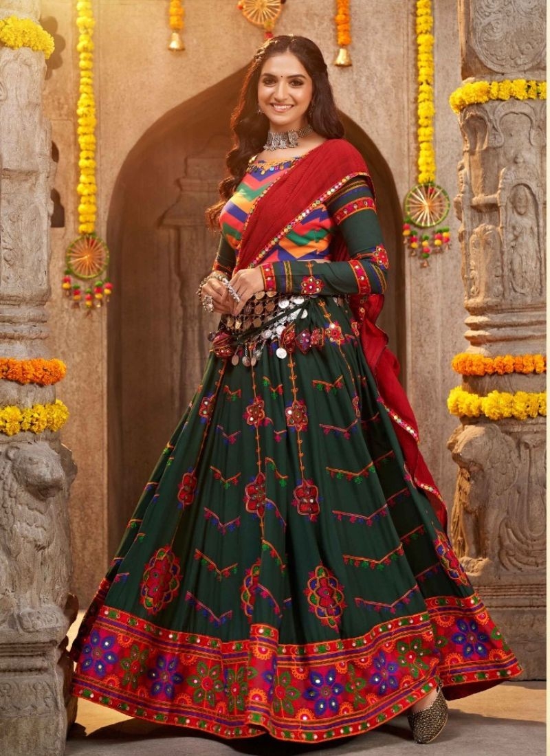 Embroidered viscose rayon lehenga choli & dupatta in dark green