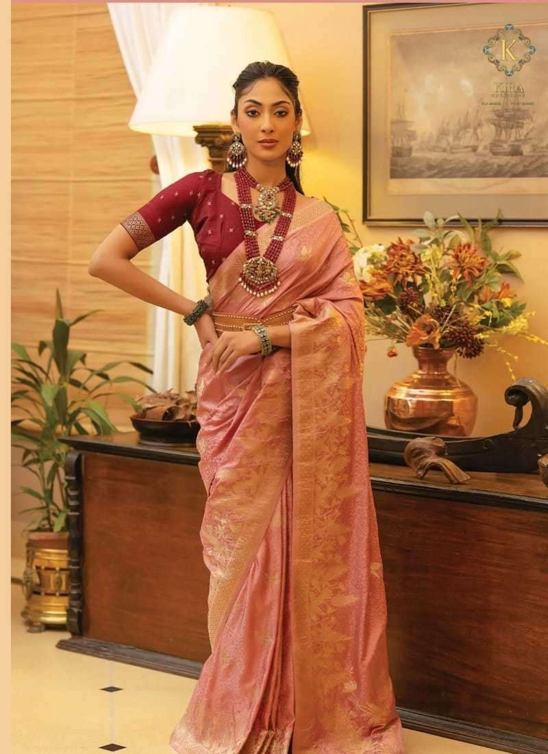 Designer banarasi style silk saree with zari weaving in peach