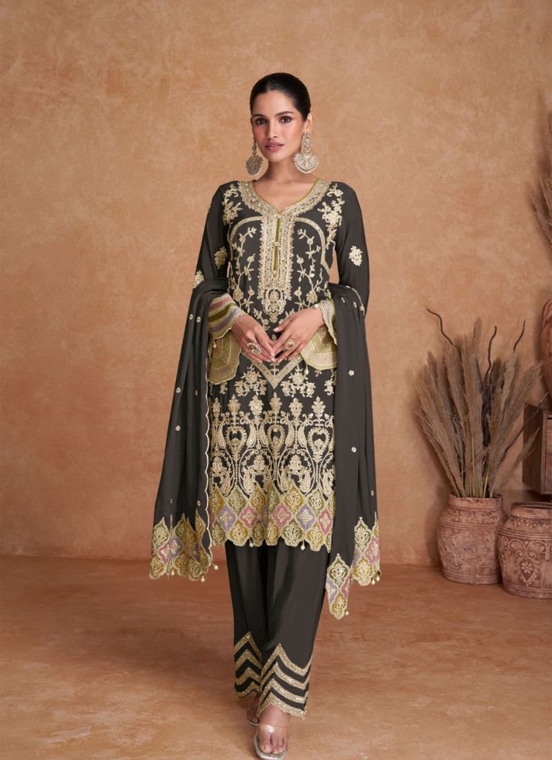 Beautiful embroidered Chinon kurta pant suit  in brown