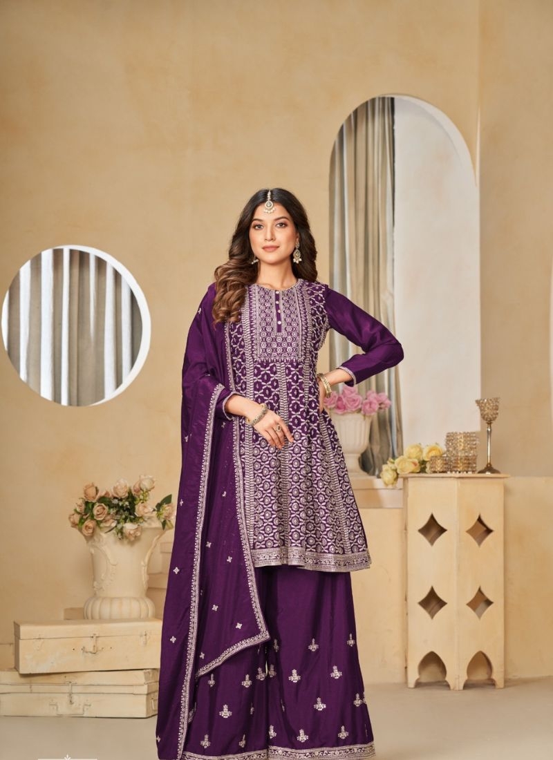 Designer embroidered chinon sharara suit & dupatta in purple