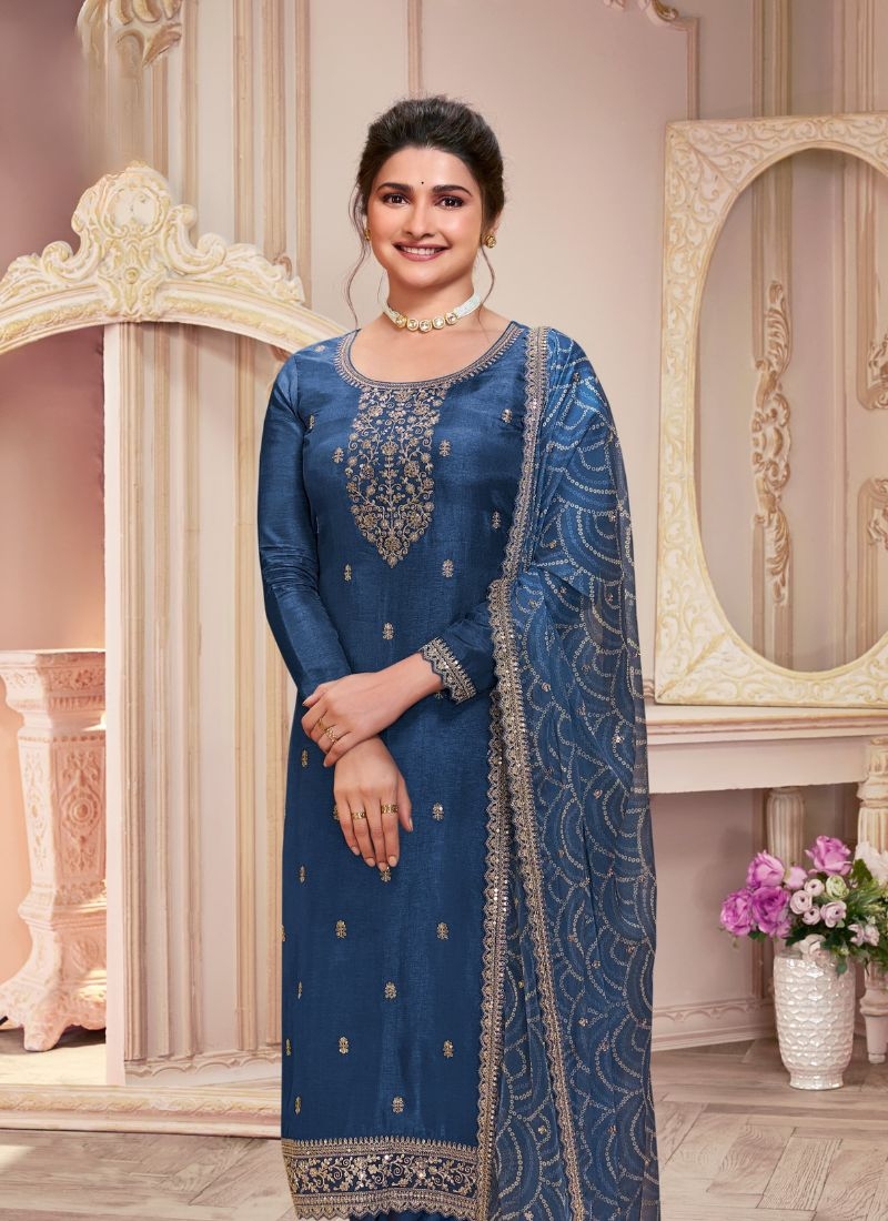 Exquisite embroidered georgette kurta pant suit & dupatta in dark blue