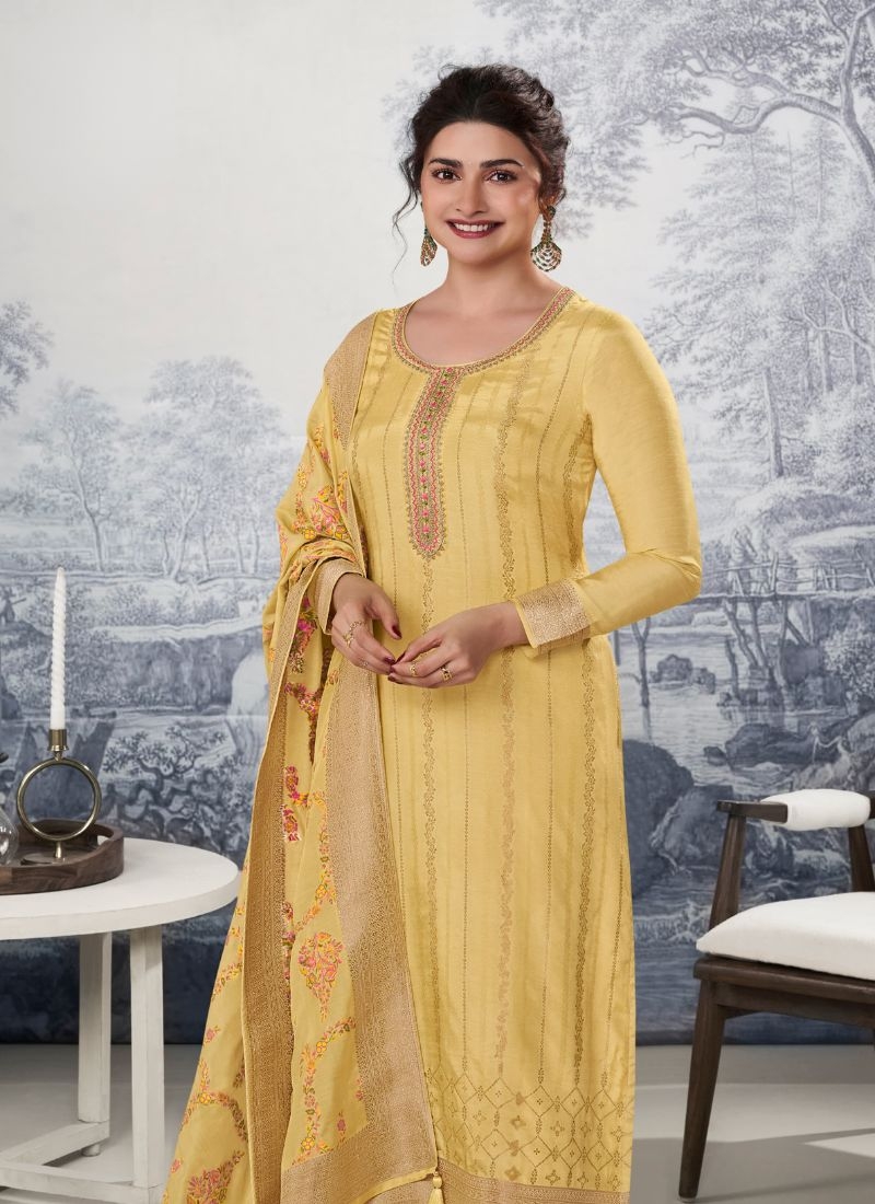 Trendy jacquard printed pant suit & dupatta in yellow