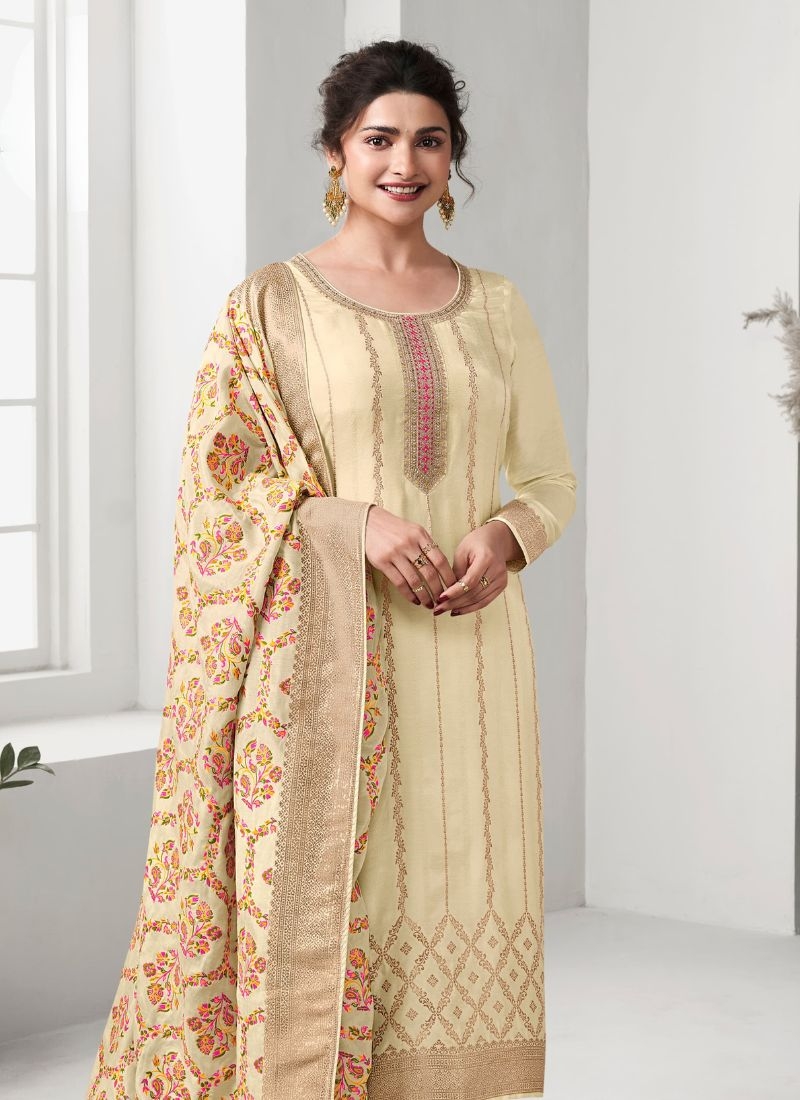 Trendy jacquard printed pant suit & dupatta in cream