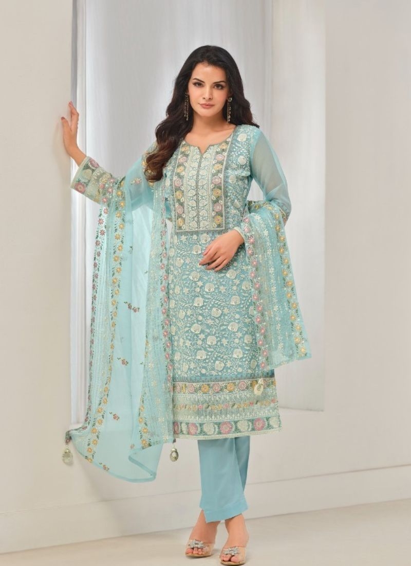 Gorgeous embroidered organza pantsuit in sky blue