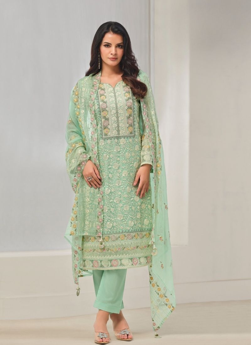 Gorgeous embroidered organza pantsuit in light green