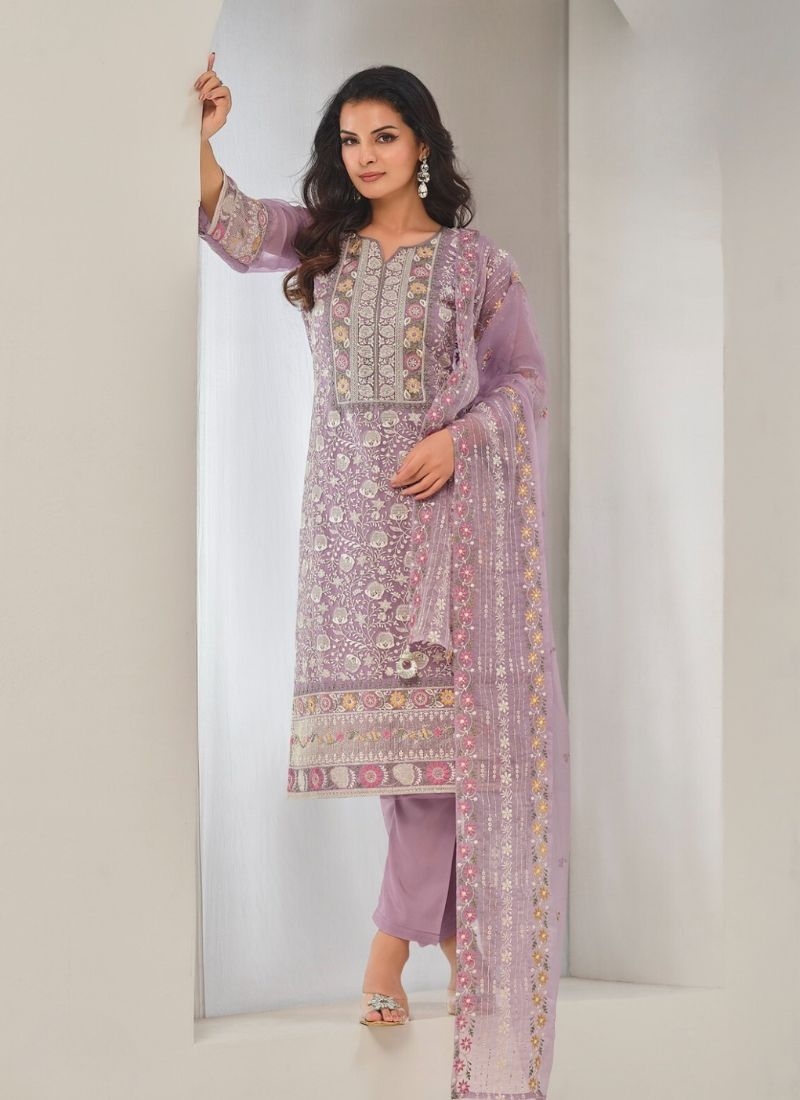 Gorgeous embroidered organza pantsuit in purple