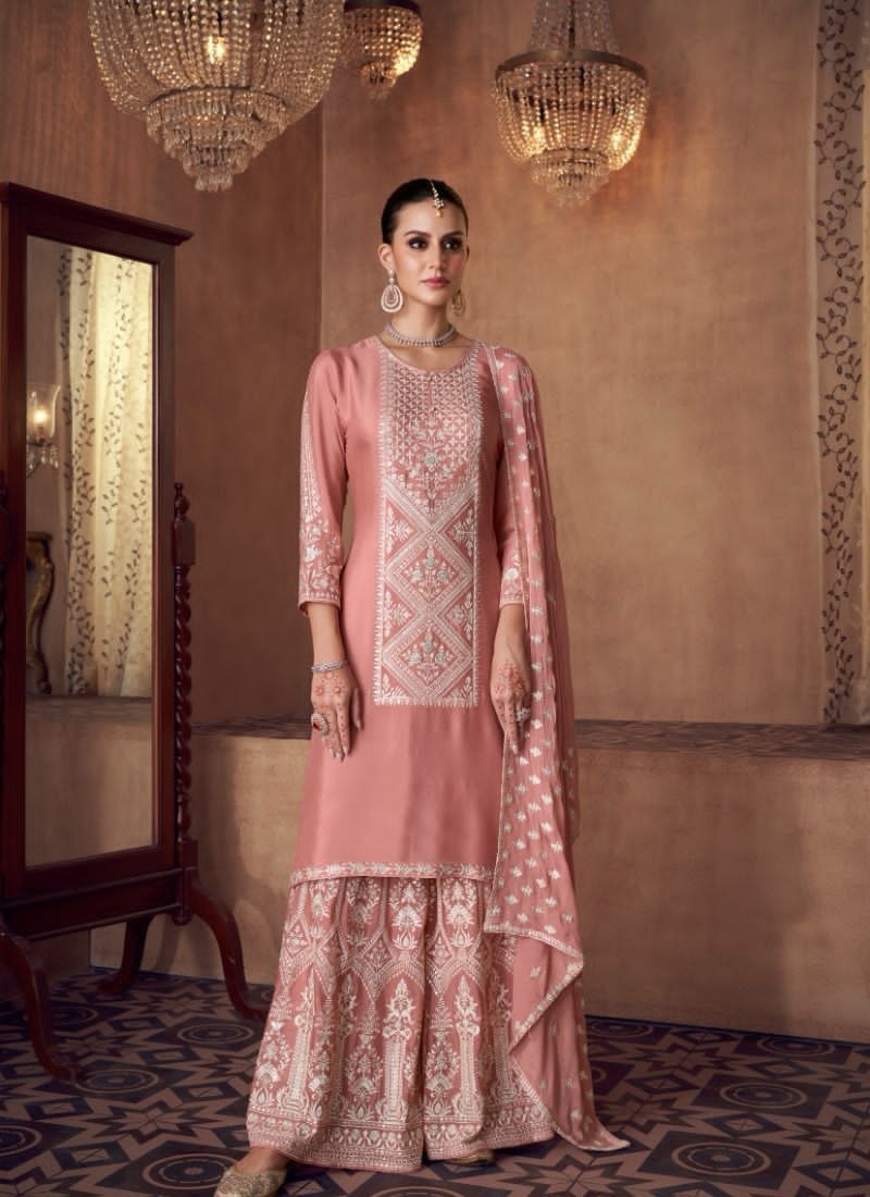 Traditional embroidered wedding palazzo suit & dupatta in peach