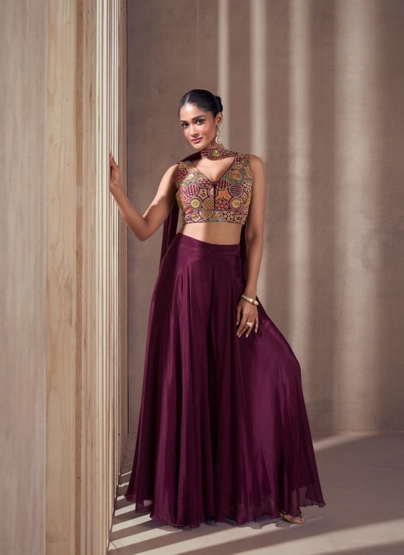 Chinon embroidered designer crop top set with dupatta in wine